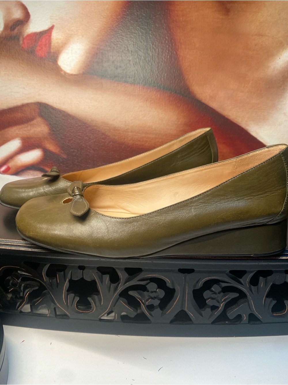 Lazio Collezione Soft Leather Lined Olive Green Ballet Flats Demi Wedge 8M